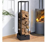 IDMARKET Range bûches vertical acier noir H. 125 CM avec tiroir pour cheminée