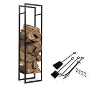 IDMarket - Range bûches vertical acier noir H.170 cm pour cheminée | Avec étagère et accessoires