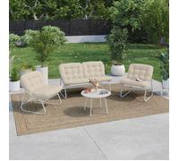Salon De Jardin Arona Bas 4 Places En Métal Blanc Et Coussins Beige Avec Canapé, Fauteuils Et Table