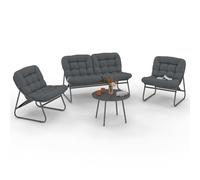 IDMARKET Salon de jardin bas ARONA 4 places en acier gris anthracite et coussins gris avec canapé, fauteuils et table
