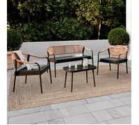 IDMarket - Salon de Jardin Bas Madeira 4 Places Structure en métal Noir, Cordage et Coussins Noirs