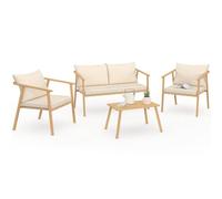 IDMarket - Salon de jardin bas Malta 4 places structure métal effet bois lanières et coussins beiges