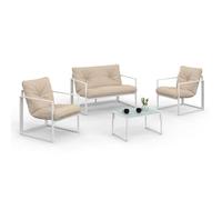 IDMarket - Salon de Jardin Bas Nairobi 4 Places en Acier Blanc | Avec coussins beiges