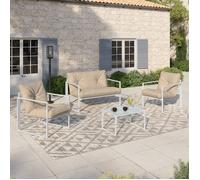 IDMARKET Salon de jardin bas NAIROBI 4 places en acier blanc et coussins beige