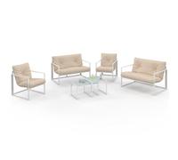 IDMarket – Salon de jardin bas Nairobi 6 places en acier blanc coussins beiges