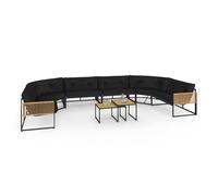 IDMarket – Salon de jardin bas d'angle Rio 12 places métal noir cordage effet rotin coussins noirs