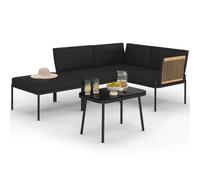 IDMarket - Salon de jardin bas Rio 4 pl, métal noir, cordage effet rotin clair, coussins noirs