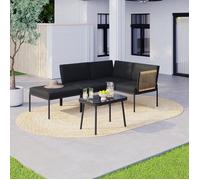 Salon De Jardin Bas Rio 4 Places Modulable Structure Métal Noir, Cordage Effet Rotin Clair Avec Coussins Noirs Et Table Basse