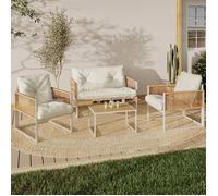 IDMarket - Salon de Jardin Bas Rio 4 Places Structure métal Blanc, Cordage Effet rotin Clair et Coussins Beiges