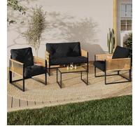 IDMarket - Salon de jardin bas Rio 4 places - métal noir, cordage rotin clair, coussins noirs