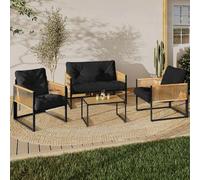 IDMarket - Salon de Jardin Bas Rio 4 Places Structure métal Noir, Cordage Effet rotin Clair et Coussins Noirs