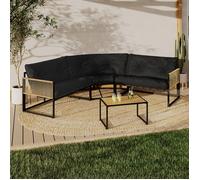IDMARKET Salon de jardin bas RIO 6 places salon d'angle structure métal et cordage effet rotin avec coussin noir