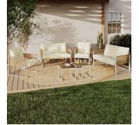 IDMARKET Salon de jardin bas RIO 6 places structure métal blanc et cordage effet rotin avec coussins beige