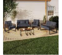 Salon De Jardin Bas Rio 6 Places Structure Métal Gris Anthracite, Cordage Effet Rotin Avec Coussins Gris