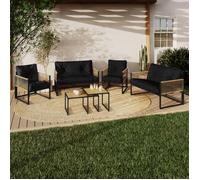 IDMarket - Salon de Jardin Bas Rio 6 Places Structure métal Noir, Cordage Effet rotin Clair et Coussins Noirs