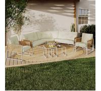 IDMarket – Salon de jardin bas Rio 8 places d'angle métal blanc cordage effet rotin coussins beiges