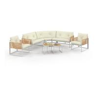 IDMarket – Salon de jardin bas Rio 8 places d'angle métal blanc cordage effet rotin coussins beiges