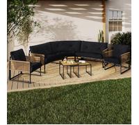 IDMarket - Salon de jardin d'angle Rio 8 places, métal, cordage effet rotin clair, coussins noir
