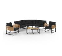IDMarket - Salon de jardin d'angle Rio 8 places, métal, cordage effet rotin clair, coussins noir