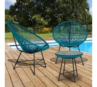 IDMARKET Salon de jardin IZMIR table et 2 fauteuils oeuf cordage bleu canard