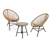 IDMarket – Salon de jardin IZMIR – Table et 2 fauteuils oeuf cordage effet rotin Marron