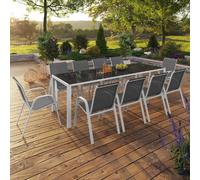 IDMarket Salon de jardin Madrid Table 240 cm et 10 chaises empilables Blanc et gris