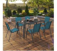 IDMarket Salon de jardin MADRID 7 pièces Table 150 cm et 6 chaises empilables Bleu canard