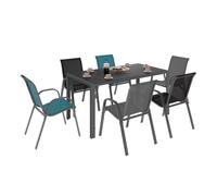 IDMarket - Salon de jardin MADRID table 150 cm et 6 chaises empilables | Coloris mix color gris, noir et bleu