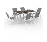 Idmarket Salon De Jardin Madrid Table 150 Cm Et 6 Chaises Empilables Structure Blanche Plateau Gris Gris