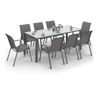 IDMarket - Salon de jardin MADRID table 190 cm 8 chaises empilables | Coloris gris anthracite avec plateau transparent