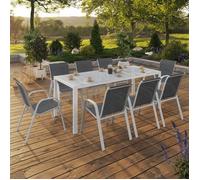 IDMARKET Salon de jardin MADRID table 190 cm et 8 chaises empilables blanc et gris