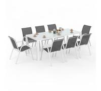 IDMARKET Salon de jardin MADRID table 190 cm et 8 chaises empilables blanc et gris