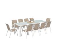 IDMarket - Salon de jardin MADRID table 240 cm et 10 chaises empilables | Coloris blanc et beige taupe
