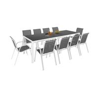 IDMarket - Salon de jardin MADRID table 240 cm et 10 chaises empilables | Coloris blanc et gris