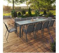IDMarket – Salon de jardin MADRID Table 240 cm + 10 chaises empilables Gris anthracite Plateau clair
