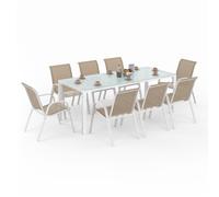 IDMARKET Salon de jardin MADRID table et 8 chaises empilables blanc et beige taupe