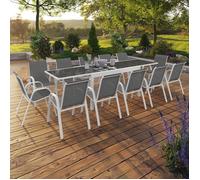 IDMarket - Salon de jardin MADRID - Table extensible 135-270 cm + 12 chaises empilables - Blanc/Gris