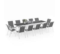 IDMarket - Salon de jardin MADRID table extensible 135-270 cm | Et 12 chaises empilables, coloris blanc et gris