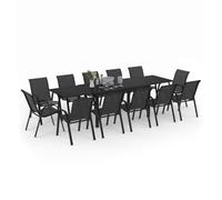 IDMarket – Salon de jardin Madrid – Table extensible 135–270 cm, 12 chaises empilables – Noir