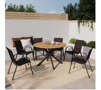 IDMarket - Salon jardin Messina - Table ronde 120cm effet bois + 6 chaises empilables noires
