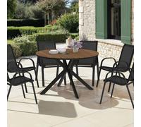 Idmarket Salon De Jardin Messina Table Ronde Pied Arraigné Plateau Effet Bois Et 6 Chaises Empilables Noires
