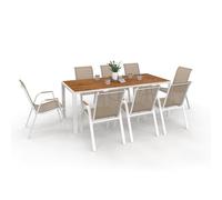 IDMarket - Salon de Jardin NOUMEA Table 190 cm Plateau Verre trempé Effet Bois et 8 chaises empilables Blanc et Bois