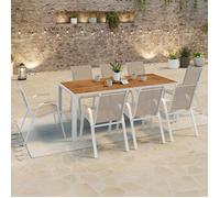 IDMarket Salon de jardin NOUMEA Table 190 cm Plateau verre trempé effet bois 8 chaises Blanc et Bois