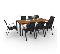 IDMarket - Salon de Jardin NOUMEA Table 190 cm Plateau Verre trempé Effet Bois et 8 chaises empilables Noir et Bois