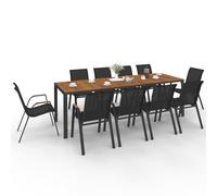 IDMarket Salon de jardin NOUMEA – Table 240 cm verre trempé effet bois + 10 chaises noir/bois