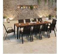 IDMarket Salon de jardin NOUMEA – Table 240 cm verre trempé effet bois + 10 chaises noir/bois