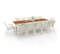 Salon De Jardin Noumea Table Extensible 135/270 Cm Plateau Verre Trempé Effet Bois Et 12 Chaises Empilables Beige Et Bois