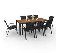 IDMarket - Salon de Jardin NOUMEA Table 190 cm Plateau Verre trempé Effet Bois et 8 chaises empilables Noir et Bois