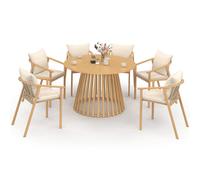 IDMarket - Salon de Jardin SOLAL Table Ronde 120 cm avec Pied Lattes en métal et 6 chaises de Jardin avec lanières et Coussins Beiges