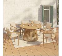 IDMarket - Salon de Jardin SOLAL Table Ronde 120 cm avec Pied Lattes en métal et 6 chaises de Jardin avec lanières et Coussins Beiges